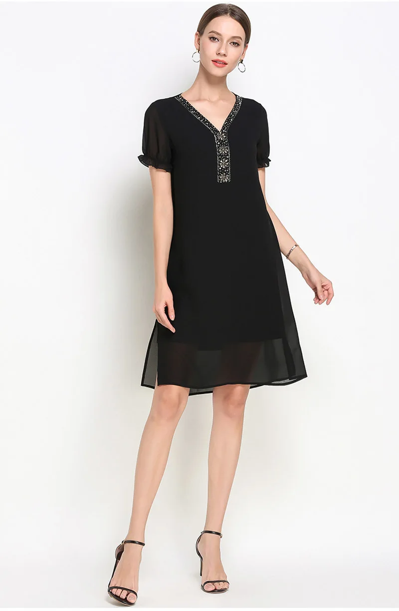 Летнее шифоновое платье женская одежда черные бриллианты v-образный вырез фонарь короткий рукав платье Высокое качество плюс размер 5XL 4XL 3XL 2XL XL-M