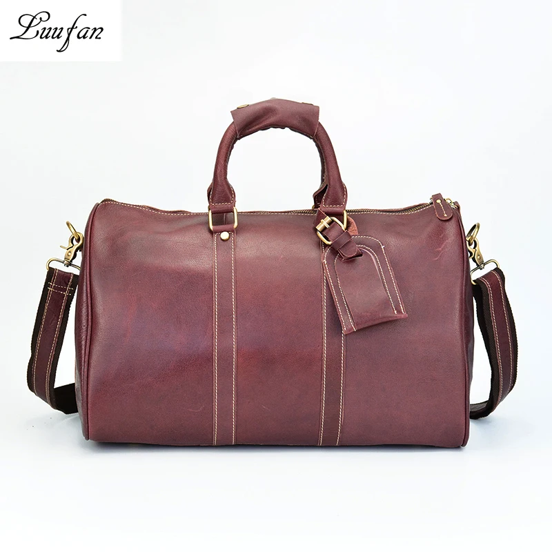 Women vintage genuine leather travel duffel 18" Glossy cow leather