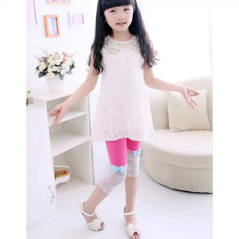 

Stylish Baby Girls Lace Bowknot Design Calf-Length Pants Cotton Summer Leggings Children's Clothing