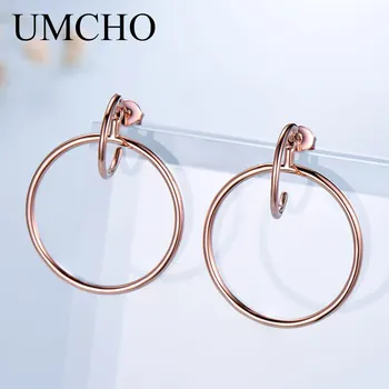 

UMCHO Real Solid 925 Sterling Silver Earrings Geometric Simple Fashion Rose Gold Hoop Earrings For Women Party Gift Fine Jewelry