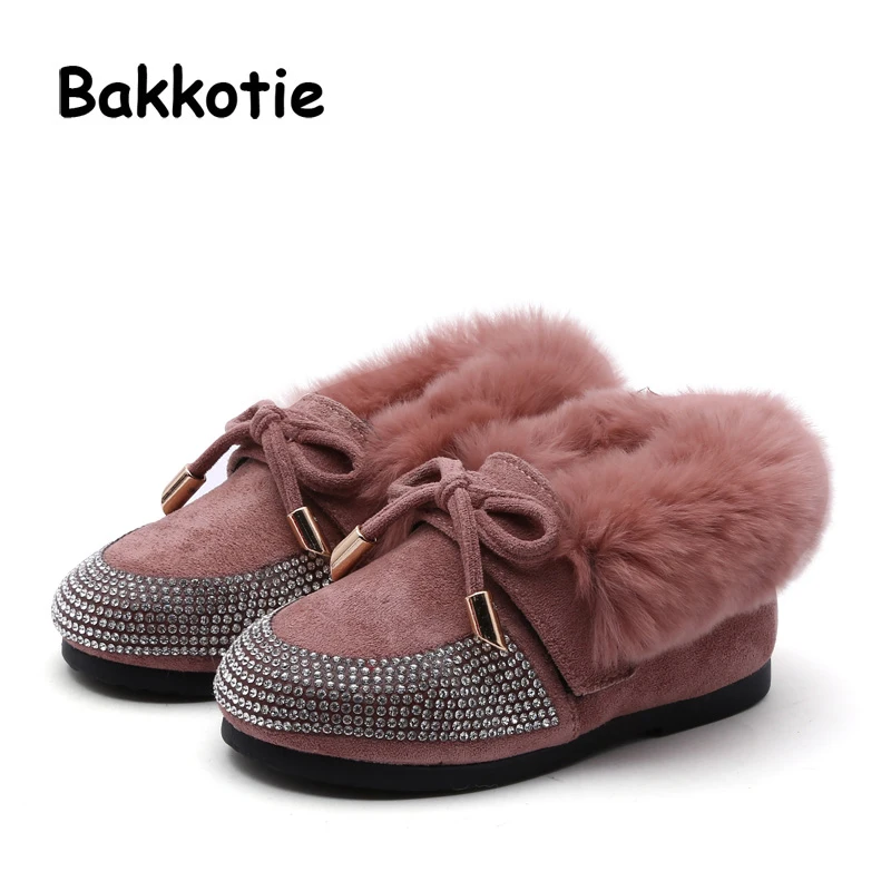 

Bakkotie 2018 Winter New Fashion Baby Girl Bow Shoes Children Rhinestone Flats Toddler Fur Cute Party Brand Shoes Soft Loafer