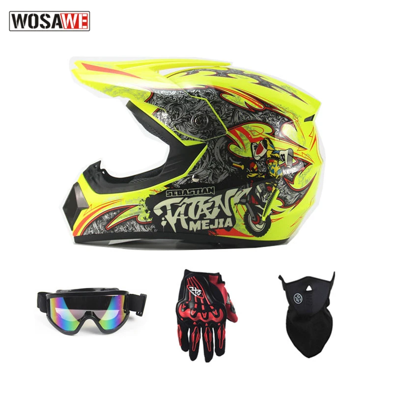 

Motorcycle Off-Road Helmet Highway Racing Yellow Helmet Motocross Moto Protective Gear with free gifts Gloves Goggles Face Mask