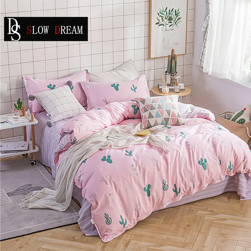 

SLOWDREAM Cactus Nordic Bedding Set Double Linen Flat Sheets Euro Bedspread Duvet Cover Comforter Adult Queen King Bed Linen Set