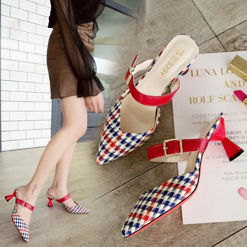

Women's Slippers 2019 Summer New Pointed Toe Butter Joker Outdoor Casual Fashion High Heels Slippers