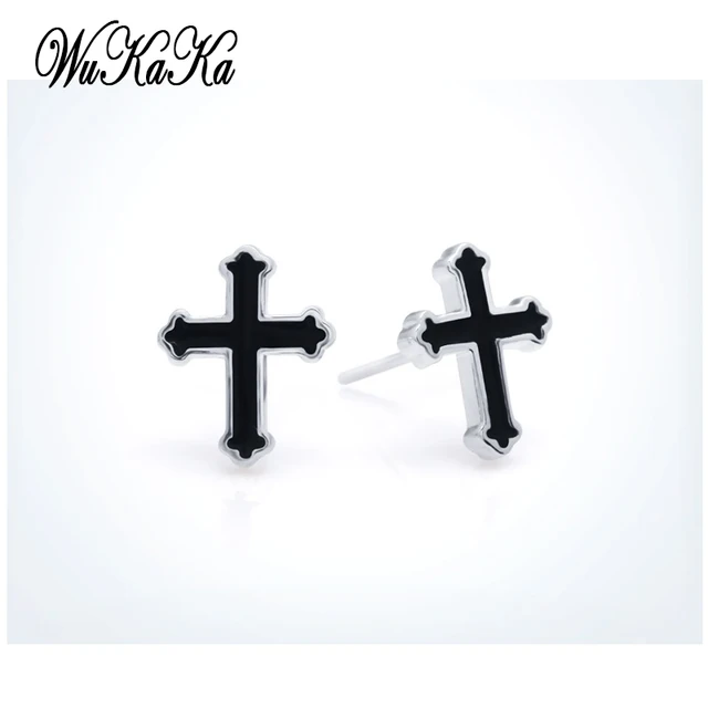 Fashion Black Cross Men Silver Plated Boys Earring Stud Fashion Black Cross Men Silver Plated Boys Earring Stud Earrings For Boy Woman Gift