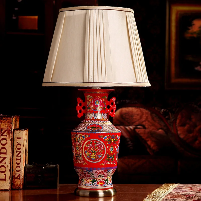 China Antique Living Room Vintage Table Lamp Porcelain Ceramic Table Lamp wedding decoration lamp dining table red (1)