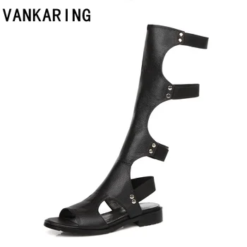 

brand design fashion gladiator summer sandals women leather knee high boots ladies sexy cut-outs black casual dress shoes woman