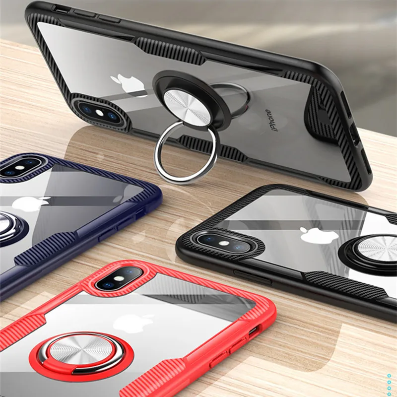 Роскошный прозрачный бронированный чехол для телефона iphone X XS MAX XR, прозрачный магнитный автомобильный держатель с кольцом, Жесткий Чехол из поликарбоната для iphone 8, 7, 6, 6S Plus