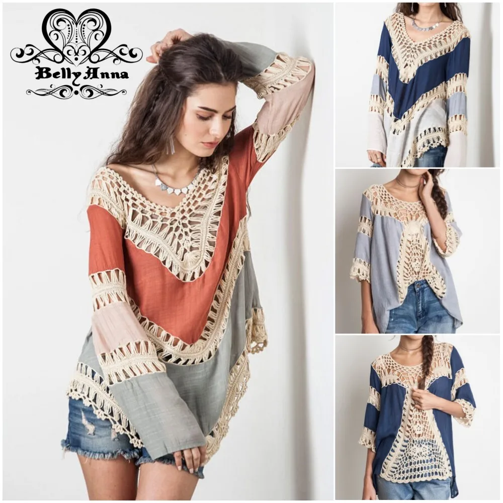 Bellyanna лето 2016 Для женщин Boho пляж blusas oversize Кружево Крючком Вязаная рубашка в стиле