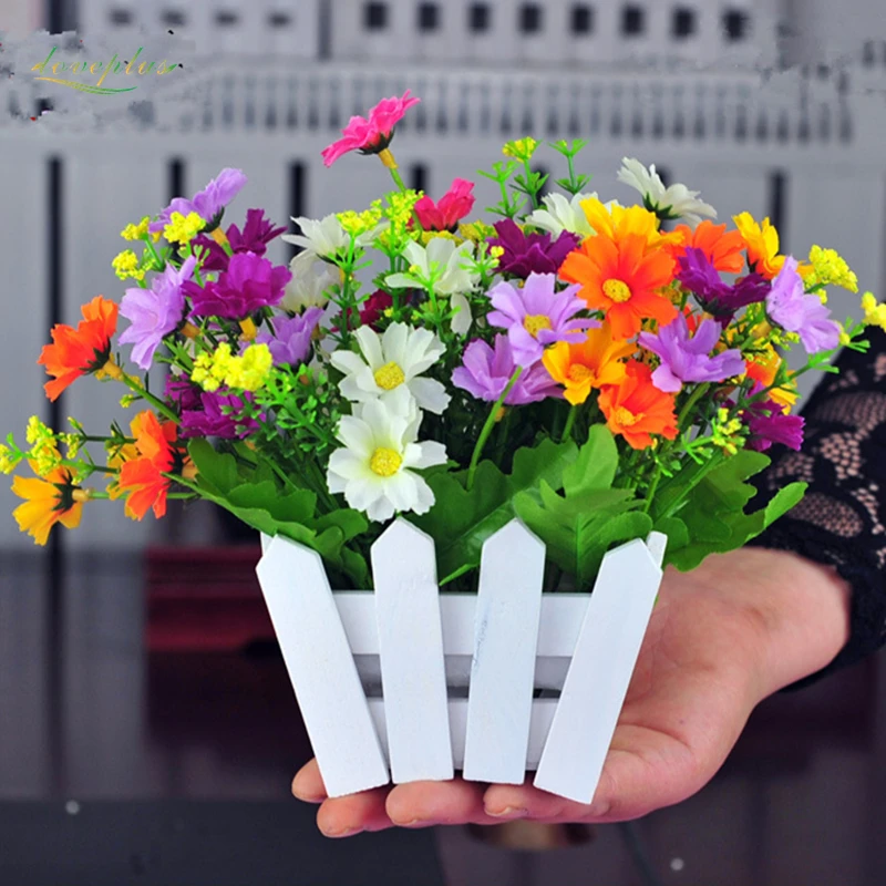 

Zinmol Wedding Decorative Simulation Artificial Flowers Small Potted Plant Fake chrysanthemun Set with Picket Fence gift
