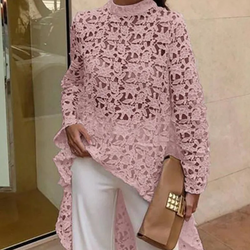 Pink Новинка, модная однотонная открытая сексуальная летняя женская рубашка, асимметричная, круглый вырез, длинный рукав, модная одежда, блузка Q320 - Цвет: Pink