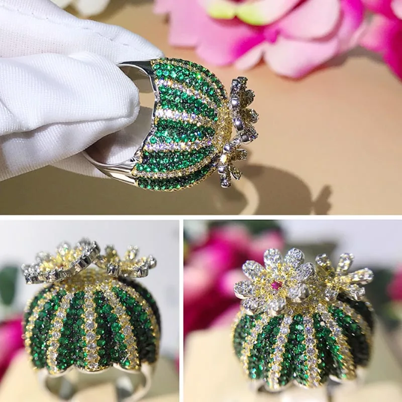 Dazz дубайское Брендовое кольцо с изображением опунции, зеленые цветы, 900 Блестящий Циркон для африканских женщин, уникальные роскошные аксессуары, подарок