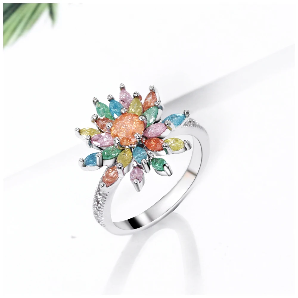 DreamCarnival 1989 Spring Flower Design Colorful Glitter Zircon Pale Purple Green Blue Color Cute Look Women Ring Anillo SJ29081