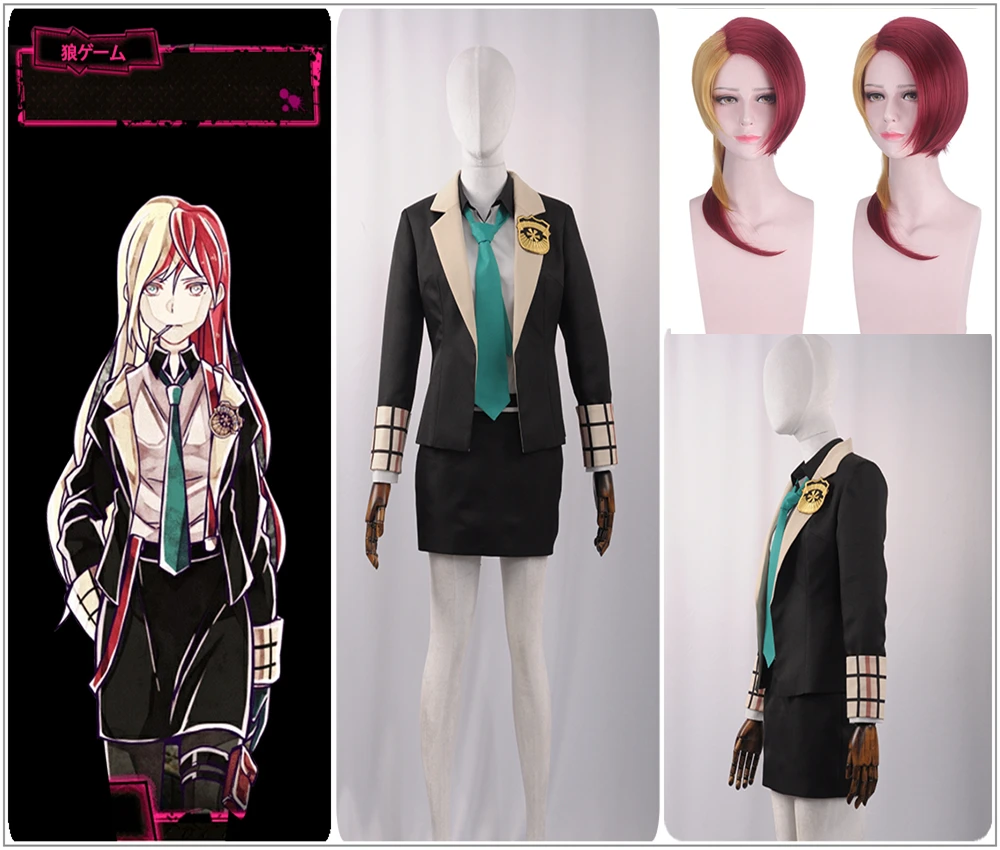 

Fashion Game Bad Wolf Ookami Ichijyo Tsubaki Cosplay Costume Custom Long Sleeve Jacket Overall Skirt Green Tie Wig Halloween