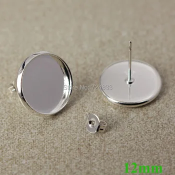 

12mm New Silver Plated Brass Blank Bases Round Bezel Pin Stud Earrings Post w/ Stopper Earring craft Settings Findings Wholesale
