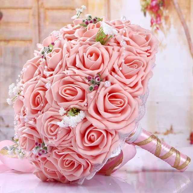 Искусственный Букет невесты с лентой свадебный букет 20*20 см цветы ручной работы для свадебной вечеринки новое поступление - Цвет: Розовый