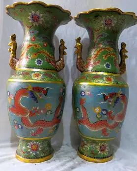 

18" China bronze gold Cloisonne exquisite dragon phoenix Vases pair Sculpture ST
