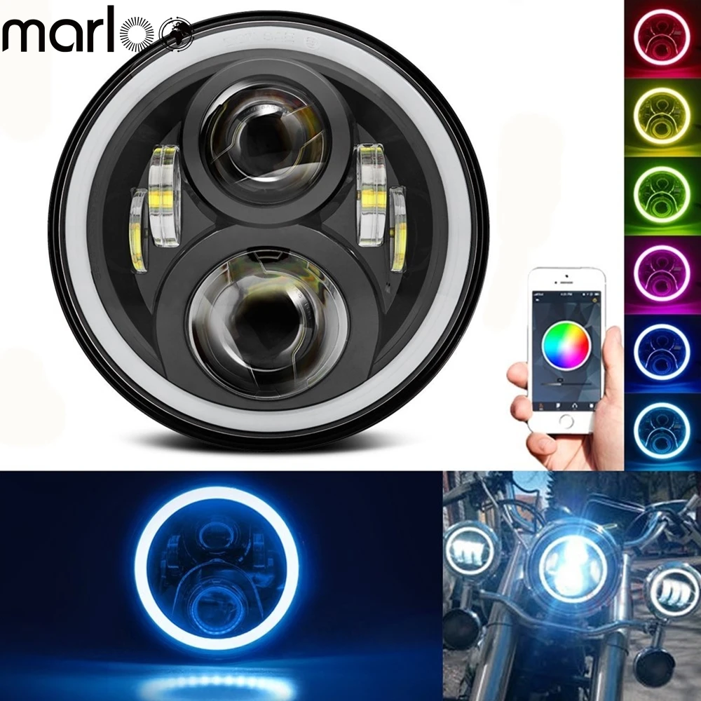 

Marloo 7 Inch LED Headlight RGB Halo Phone App Bluetooth Controlled Multi-Color For Harley Davidson Soft Tail Fatboy Road king