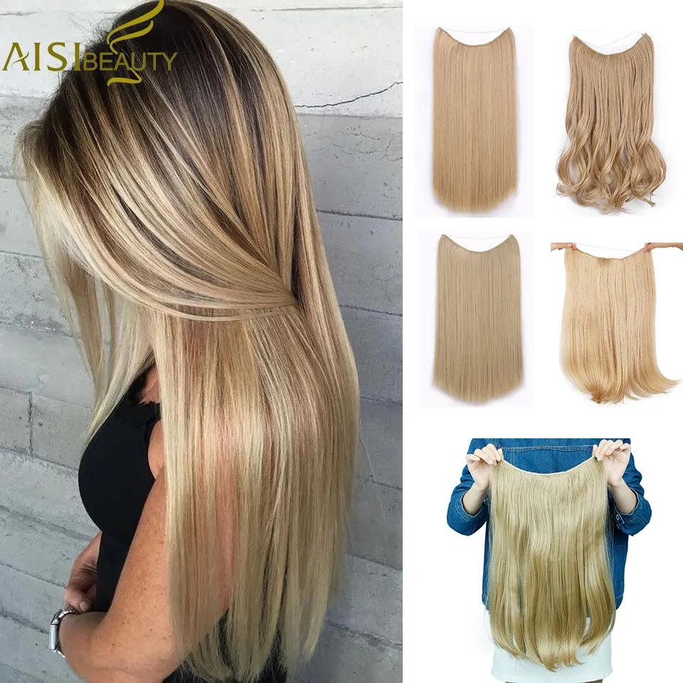 AISI BEAUTY Long Synthetic Hair Heat Resistant Hairpiece Fish Line Straight Hair Extensions Secret Invisible Hairpieces