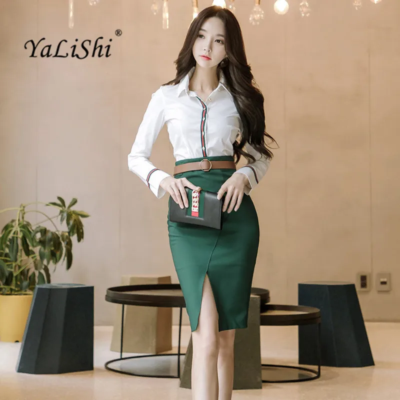 

2 Piece Set Women Suit 2017 Autumn Office Long Sleeves White Shirt Blouse Tops and Green Pencil Skirts Crop Top and Skirt Set