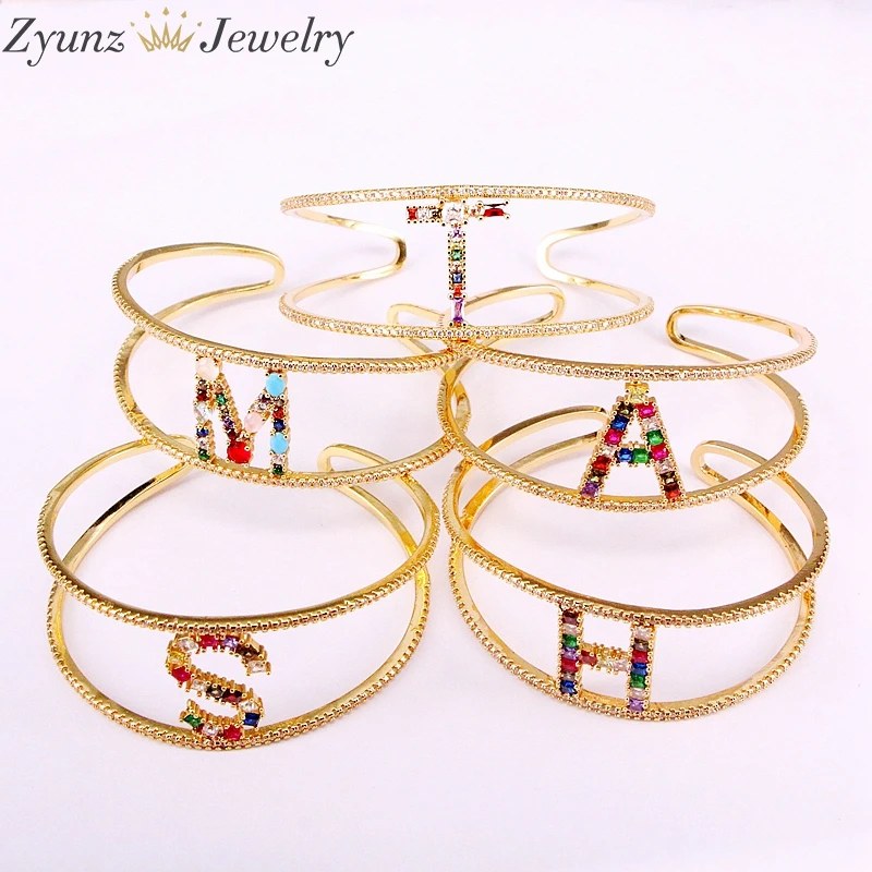 

3PCS Gold Plating Bracelets & Bangles for Women Rainbow CZ Intitial Letter Cuff Luxury Engagement Wedding Party Jewelry Gift