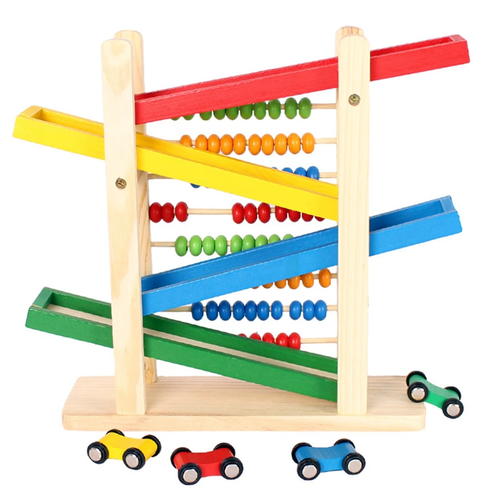 

Baby early Educational Wooden Toy Creative Colorful Abacus With 4 Cars Teaching Learning Toy Abacus Slippery Car Math Toy