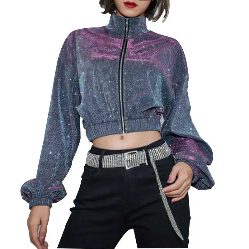 2019 الربيع النساء معدنية سترة الفضة طويلة الأكمام عالية طوق لامعة واقية قميص الأزياء محب مثير النادي المحاصيل قمم