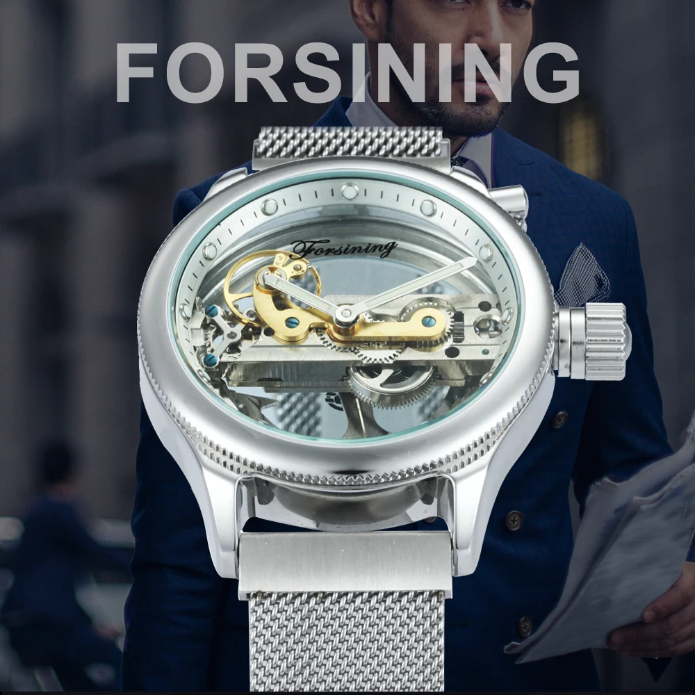 FORSINING الكلاسيكية الأعمال الذهبي جسر السيارات الميكانيكية ووتش الرجال شفافة حالة المغناطيس حزام للرجال ساعات الأعلى العلامة التجارية الفاخر...