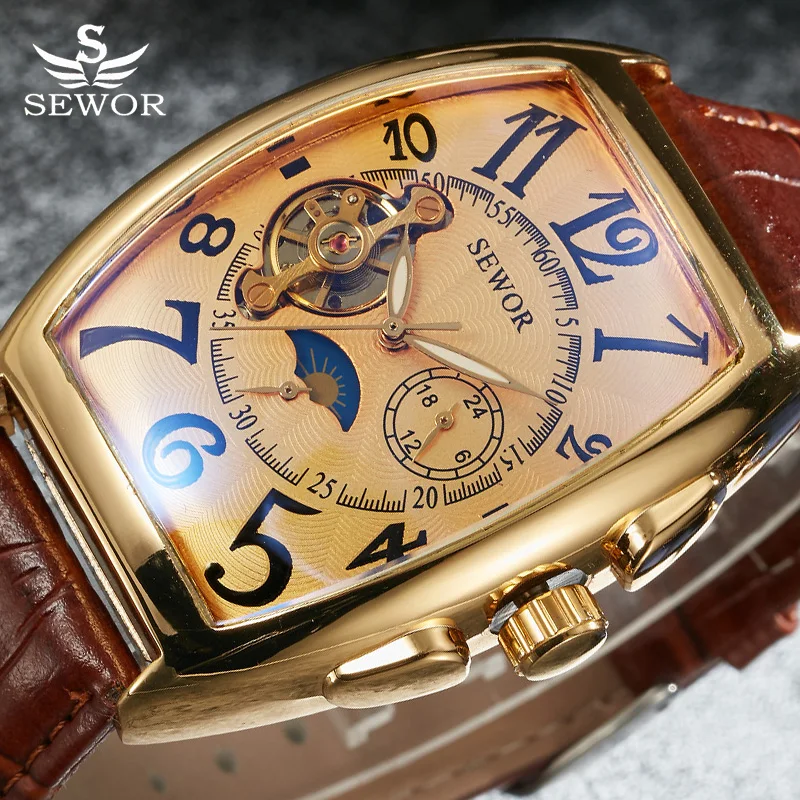 

SEWOR Tourbillon Automatic Mechanical Watch Men Designer Moonphase Square Leather Skeleton Watches Auto Date Business Watch