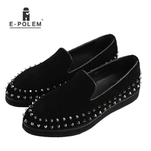 Men Black Genuine Leather Shoes Silver Rivet Fashion Men Loafers Mens Flat Shoe Male Spikes Suede Leather Casual Dress 2017