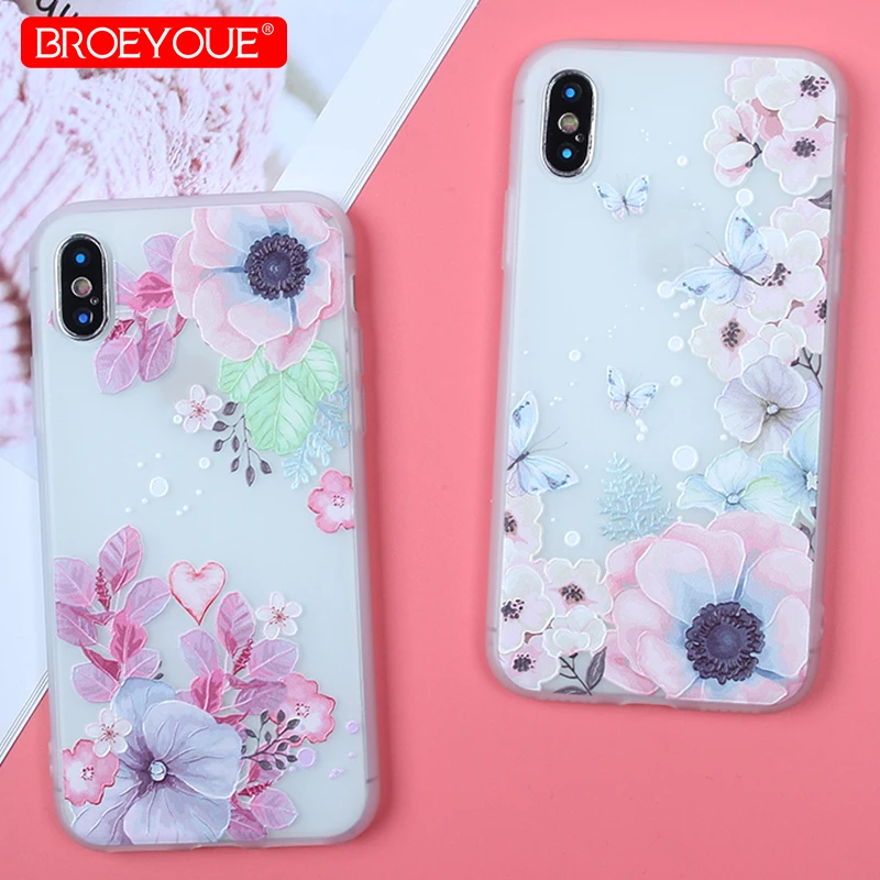 

BROEYOUE Soft TPU Silicone Phone Case For iPhone 7 Plus Case 5S 6 6S Plus 3D Relief Flowers Back Covers For iPhone 7 8 Plus X SE