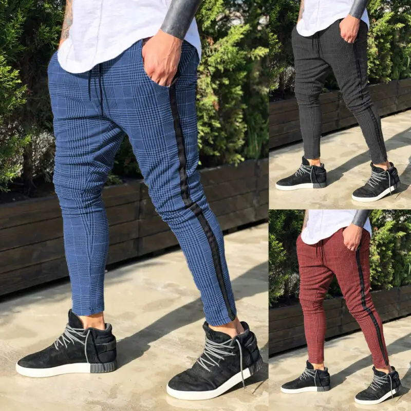 Newest arrival sexy plaid high waist solid Mens Gym Slim Fit Trousers Pants Tracksuit Casual Joggers Skinny Sports Bottoms M-3XL