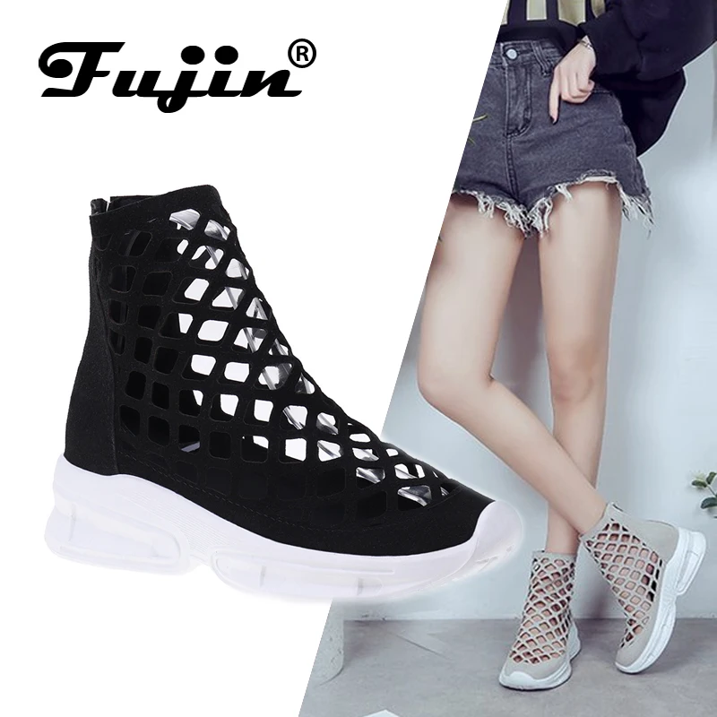 

Fujin Ladies Summer Boots Air Mesh Hollow Short Boots Dropshipping Breathable Fashion Female Casual Boots Zipper Solid Shoes