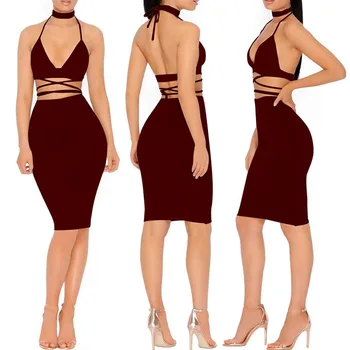 

Newly Sexy Women Bandage Bodycon Halter V-neck Lace Up Crop Top+Skirt Two Piece Set Party Clothes DO99