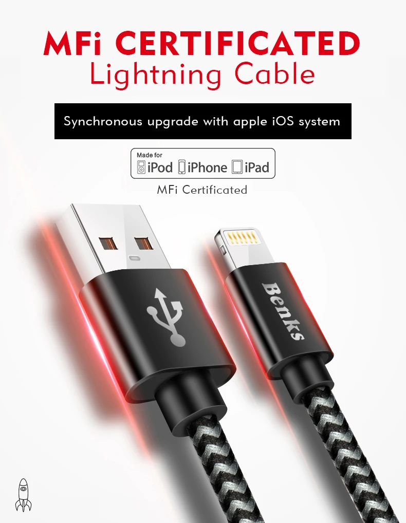 Benks Nylon 2.4A Fast Charge Cable 8 Pin For Apple iPhone X 10 8 7 6s Plus Ipad IOS 9 10 Lighting Charging Cables 0.251.21 (1)