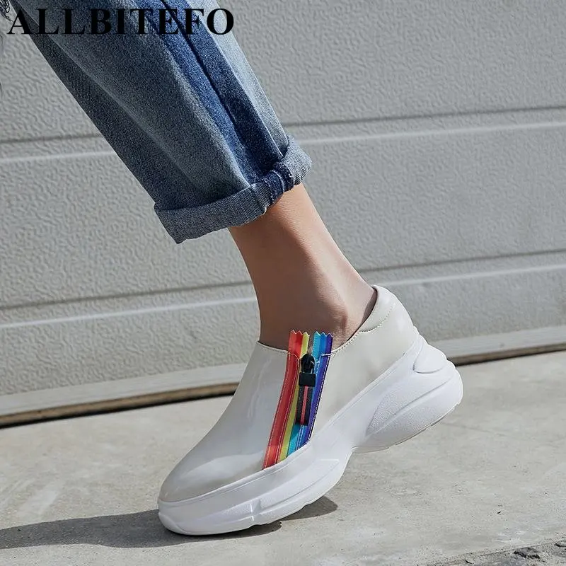 

ALLBITEFO fashion genuine leather women flats sneakers shoes mixed colors wedges heel sport sneakers waterproof platform shoes