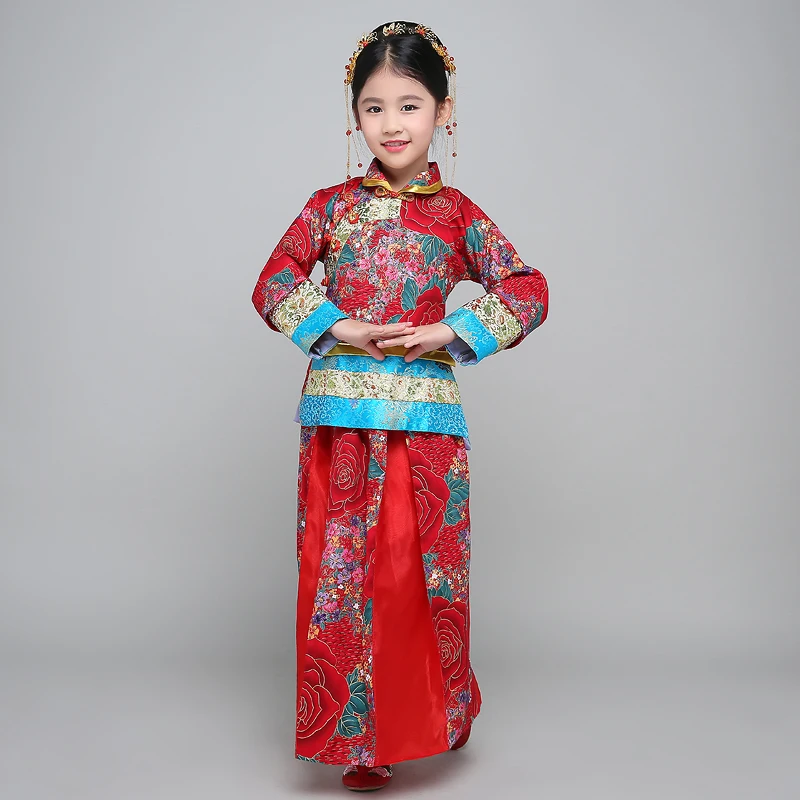 Китайский народный танец костюм hanfu костюм династии Тан Национальный для девочек платье феи детское древних Винтаж xiuhe Свадебное платье