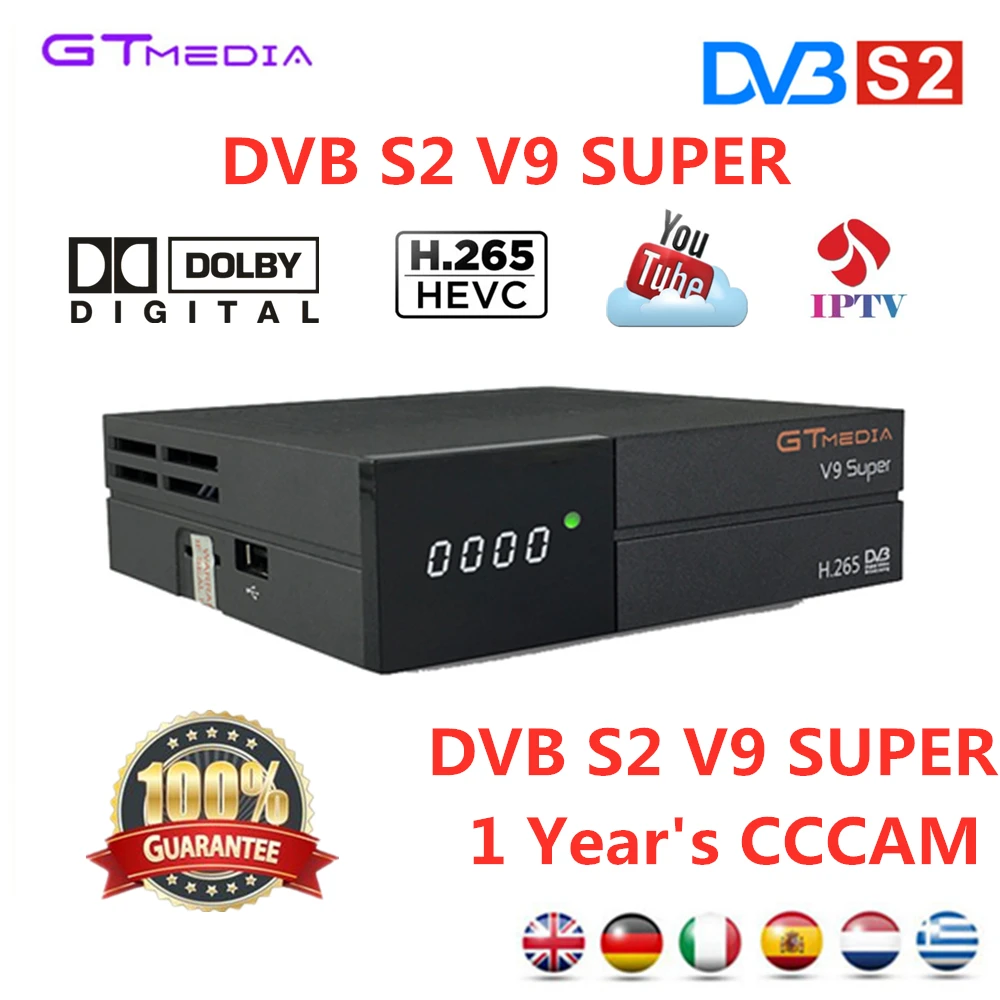 

FREESAT Satellite Receiver TV box GTMEDIA DVB S2 V9 Super+1 Year Cccam Support H.265 AC3 CCCAM Newcam YOUTUBE IPTV set top boxes