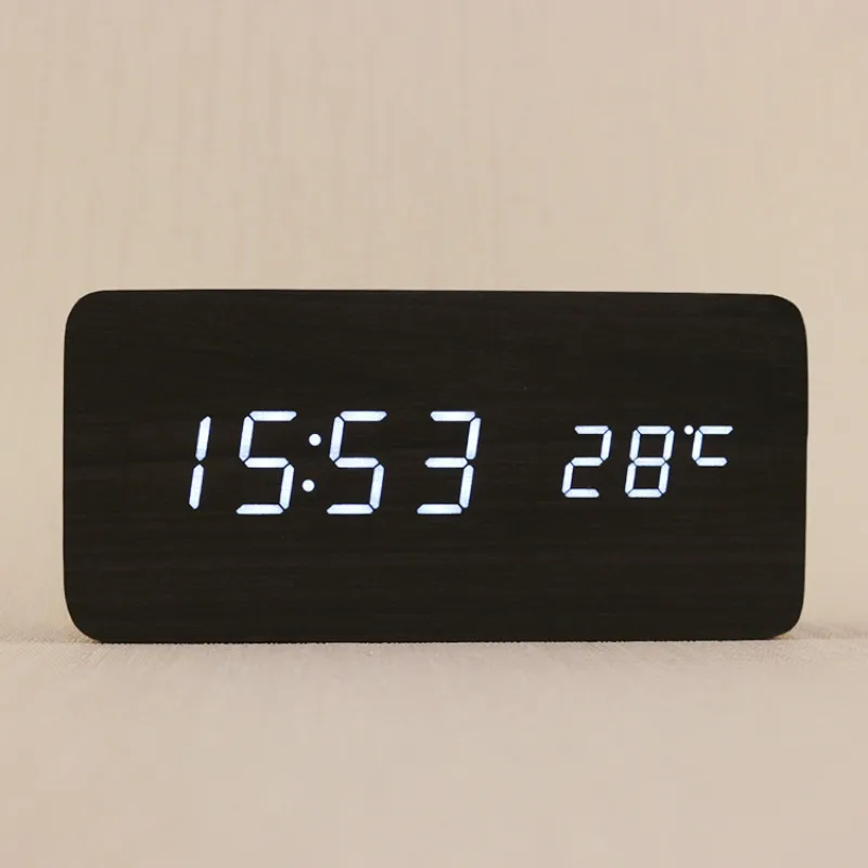 

Creative Wooden LED Square Alarm Clock Temperature Electronic Luminous Sound Control Mute Alarm Clock Display Desktop Calendar