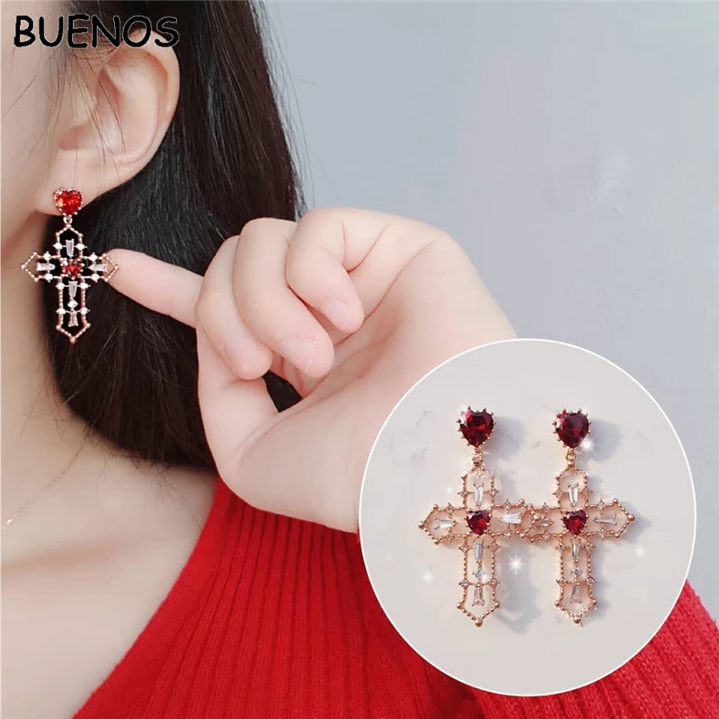 

BUENOS New Baroque Style Statement Crystal Heart Cross Vintage Drop Earrings for Women Fashion Temperament Party Big Earring