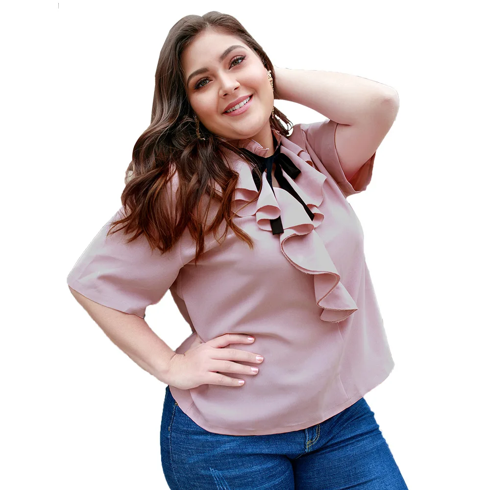 

New Pink Chiffon Shirt Lotus Collar Black Tie Short Sleeve Plus Size Womens Tops and Blouses Elegant Casual Office Tops Summer