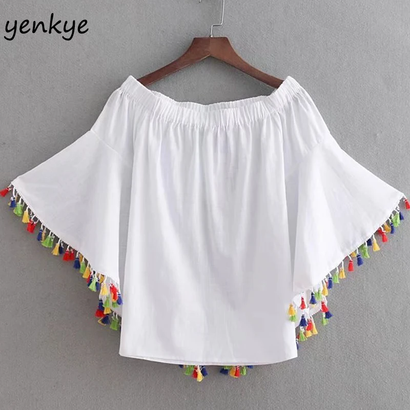 2018 Multicolor Tassel Trims Off Shoulder Blouse Women Sexy Slash Neck