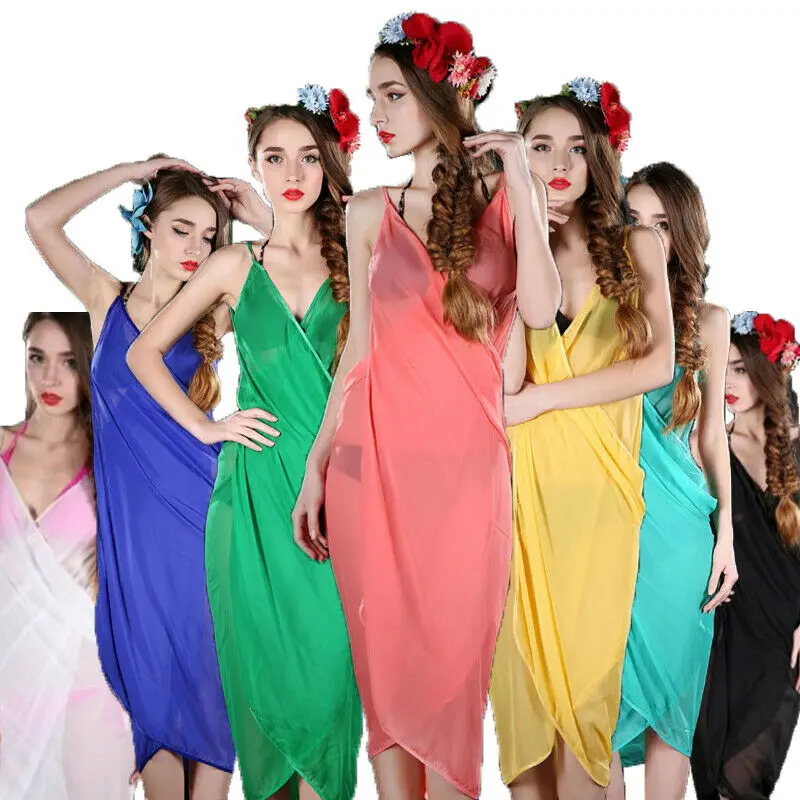 

Hot Women Cover Up Chiffon Sheer Strappy Surplice Wrap Sarong Pareo Beach Bikini Solid Summer Ladies Swimwear Scarf One Size