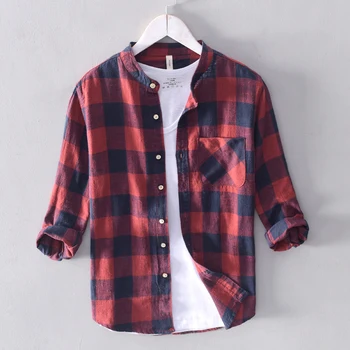 

2019 Summer New Men's Plaid long Sleeve Shirt Fashion Casual Slim Fit Linen Flax Shirts Male Brand Clothes