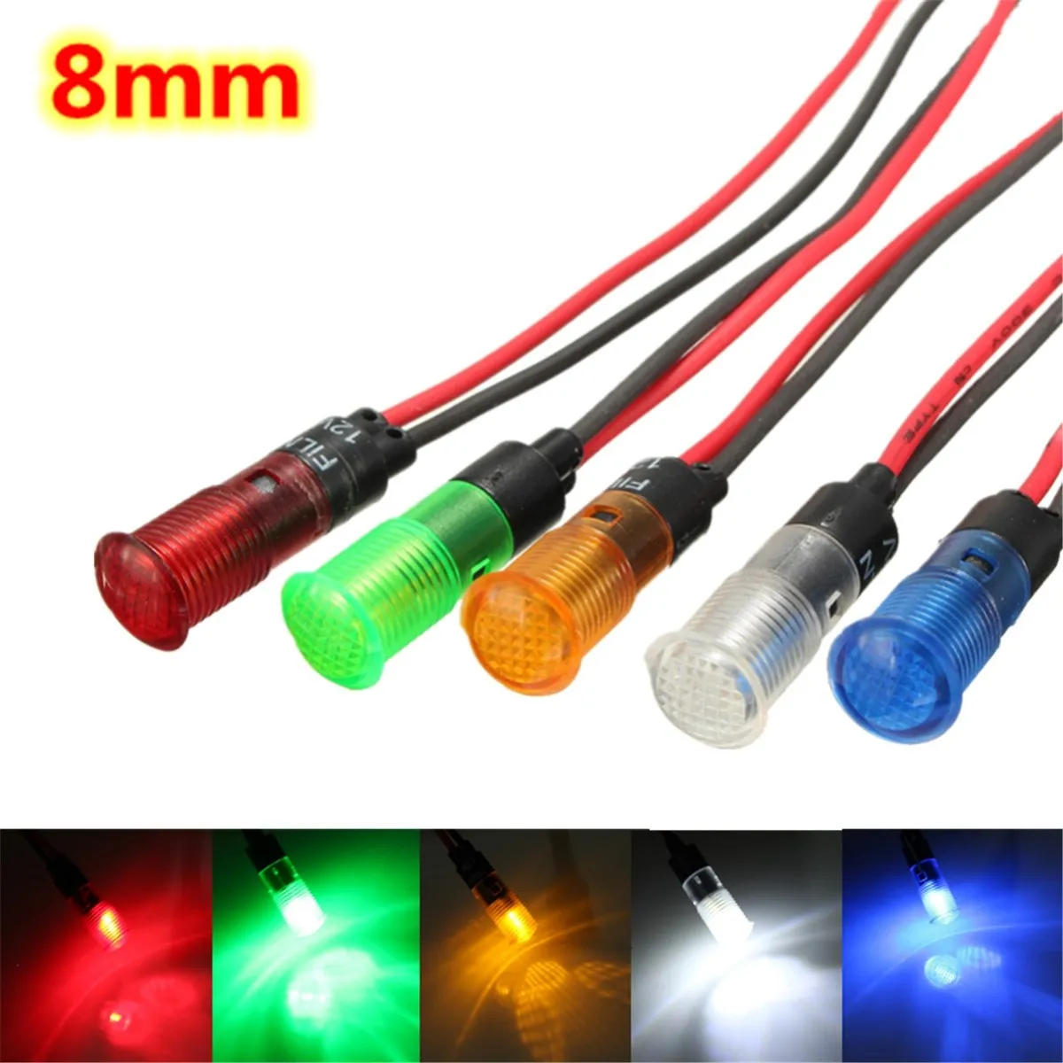 

1PCS 12V 8mm Plastic Universal Car LED Dash Board Panel Indicator Light Lamp 5 Colours