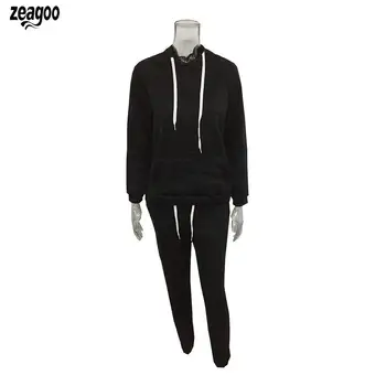 

Women Casual Autumn Hooded Sweatshirt Long Sleeve Pullover Long Ankle Length Spring, Pocket Pants Suit Solid