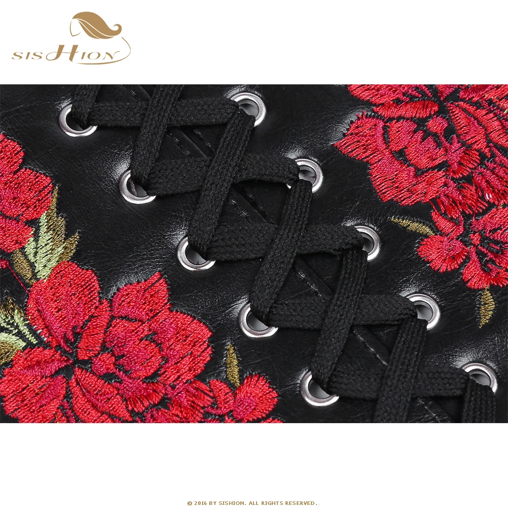 SISHION Corsets and Bustiers Gothic Embroidery Floral Flower Lace-up Underbust Corset Elastic Cinch Waist Belt Sexy Black VB0009