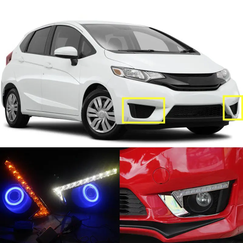 

2pcs White+Yellow Daytime Running Light Blue Angle Eye for Honda FIT 2014-2016 A