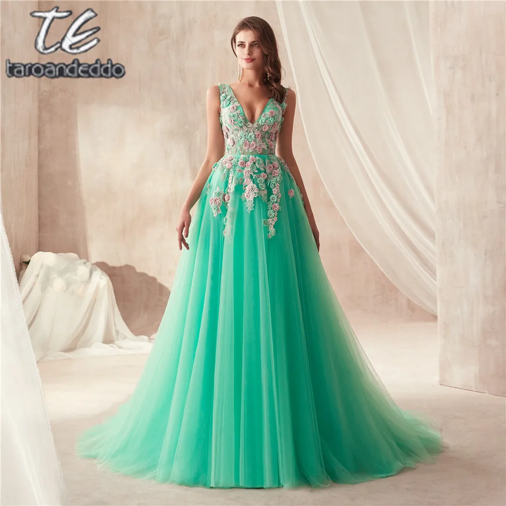 

2019 New Arrival V-neck Multi Color Lace Applique Mint Tulle Prom Gowns See Through Sexy High Quality Evening Dresses