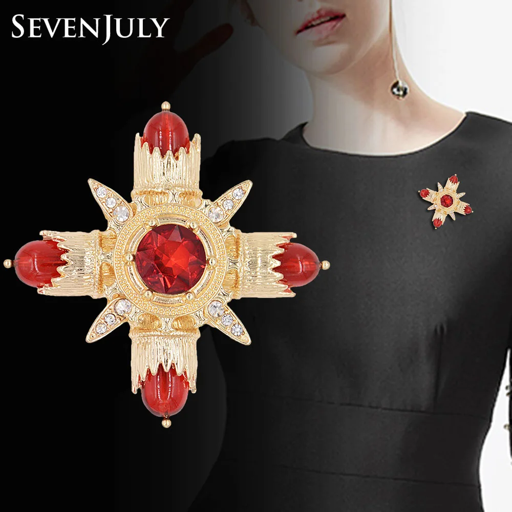 

Vintage Metal Cross Brooch Red Stone Star Women Religious Accessory Clothing Fashion Jewelry